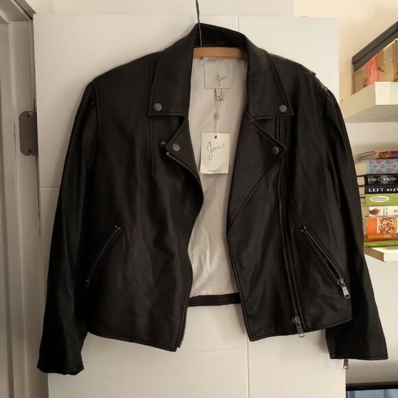 NWT Joie Black Leather Moto Jacket Lambskin Cropped Puff 3/4 Sleeve Biker Jacket - Picture 8 of 16